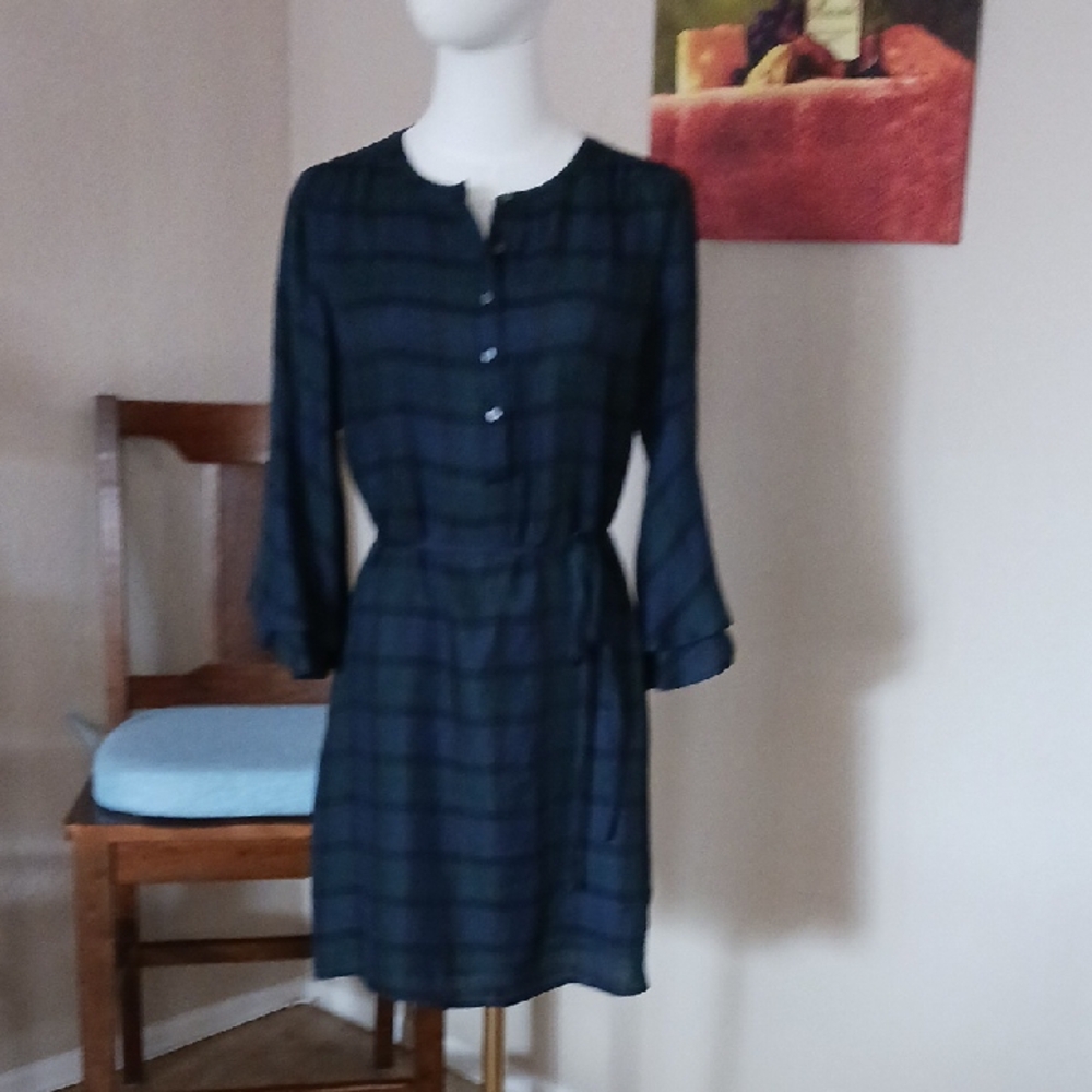 LOFT Navy and Green Plaid Long Sleeve Shirt Dress